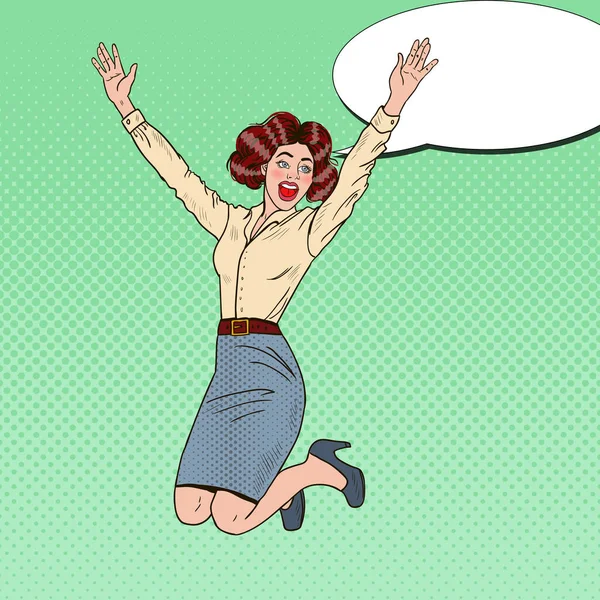 Pop Art Successful Jumping Business Woman Celebrating (dalam bahasa Inggris). Ilustrasi vektor - Stok Vektor