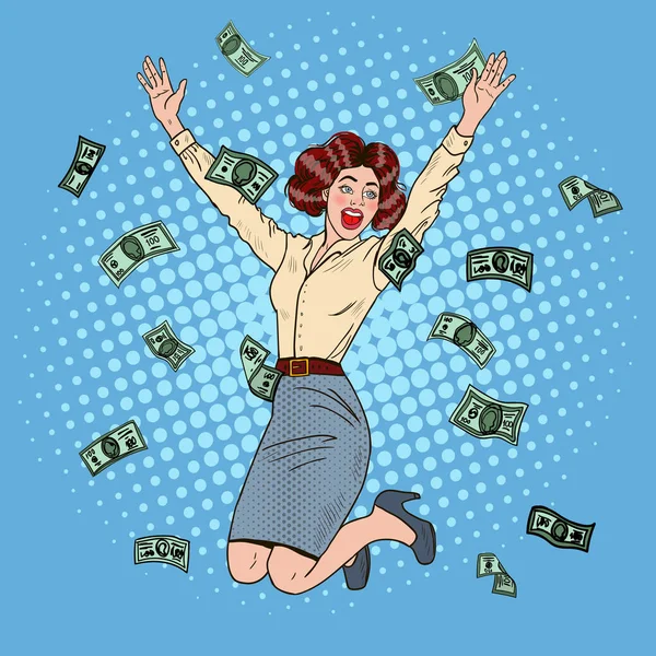 Pop Art exitosa mujer de negocios saltando celebrando en la caída de dinero. Ilustración vectorial — Vector de stock
