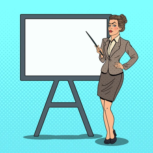 Pop Art affärskvinna med pekaren pinne och White Board. Vektorillustration — Stock vektor
