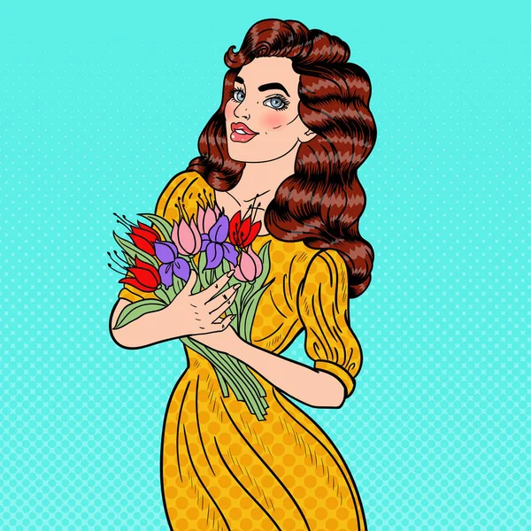 Pop Art Jovem Mulher Bonita Segurando Buquê de Flores. Ilustração vetorial —  Vetores de Stock