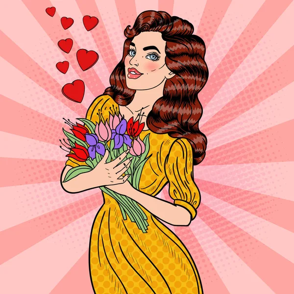 Pop Art Joven hermosa mujer sosteniendo ramo de flores. Ilustración vectorial — Archivo Imágenes Vectoriales