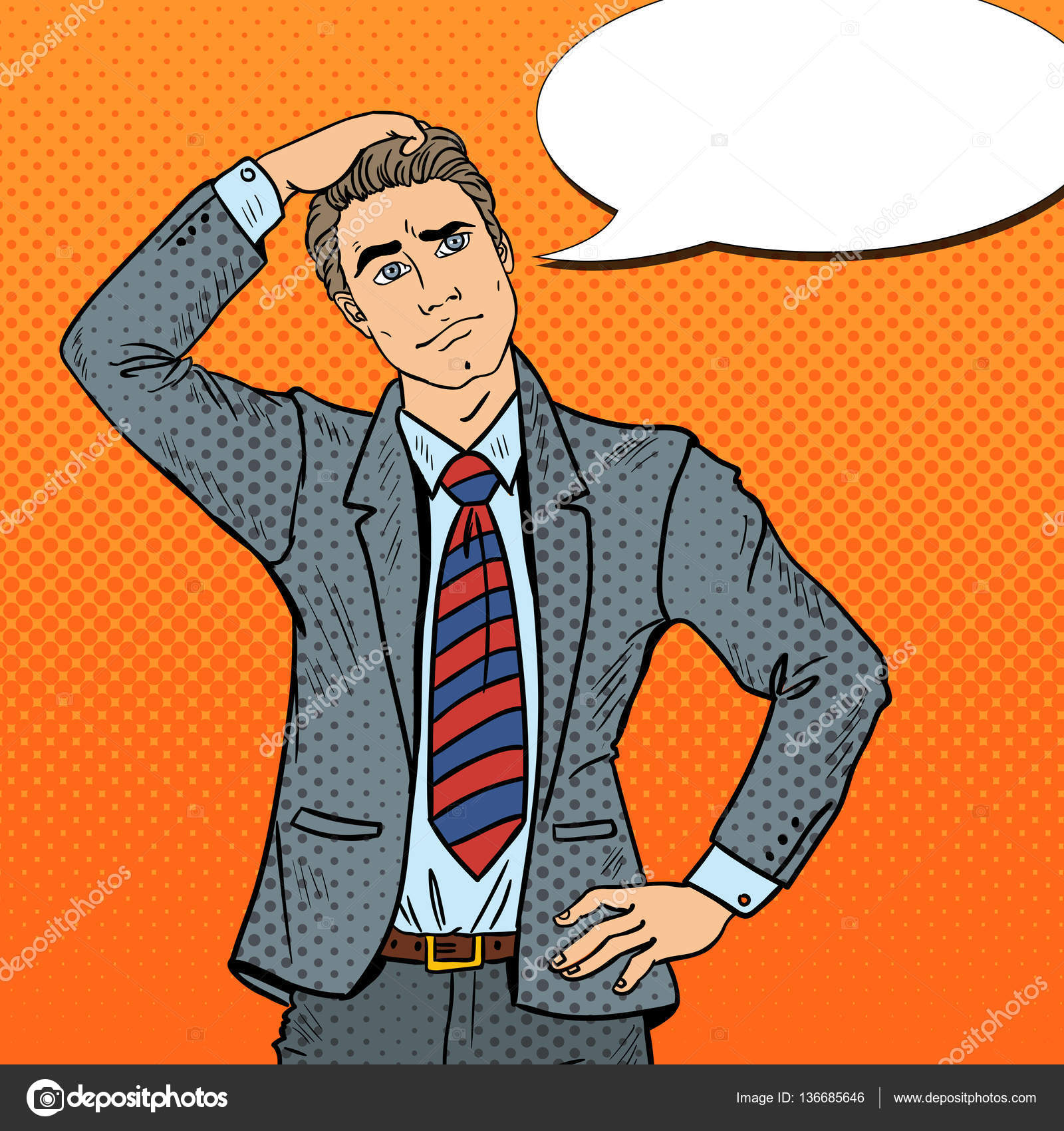 Поп-Арт Сомнительный Бизнесмен, Принимающий Решение. Векторная.