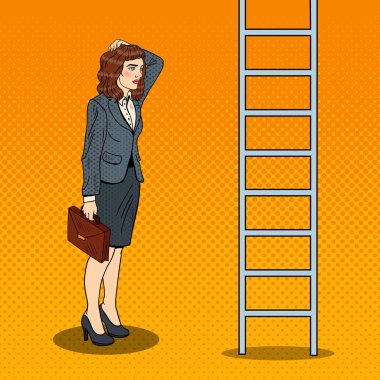 Pop sanat şüpheli iş kadını yukarı merdiven arıyorum. Vektör çizim