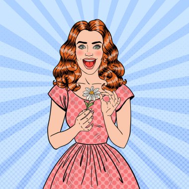 Pop Art papatya çiçek güzel bir kadınla heyecanlı. Vektör çizim