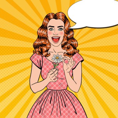 Pop Art papatya çiçek güzel bir kadınla heyecanlı. Vektör çizim