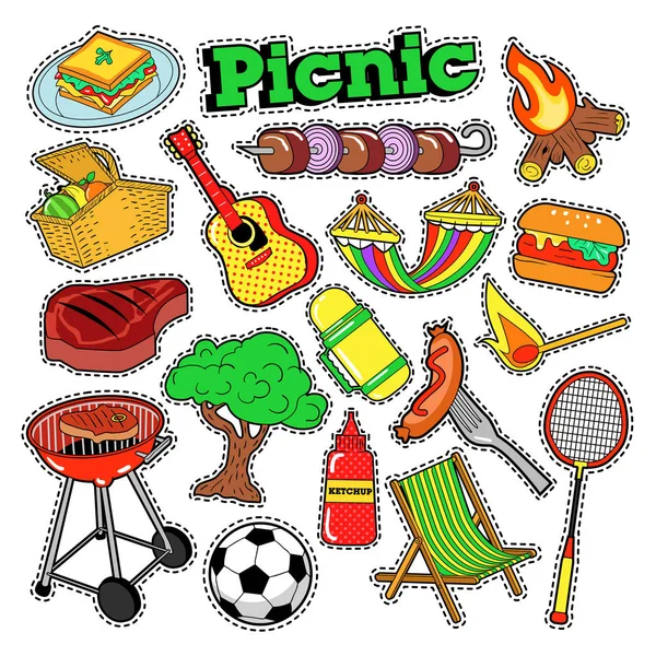 Picknick Bbq Doodle Stickers, Badges, Patches voor Scrapbooking. Vectorillustratie — Stockvector