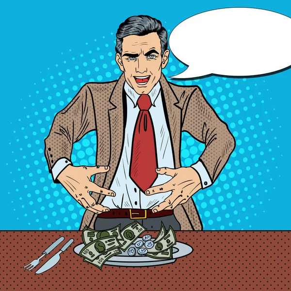 Pop Art Rich Greedy Businessman Eating Money on the Plate. Vector illustration — Stock Vector
