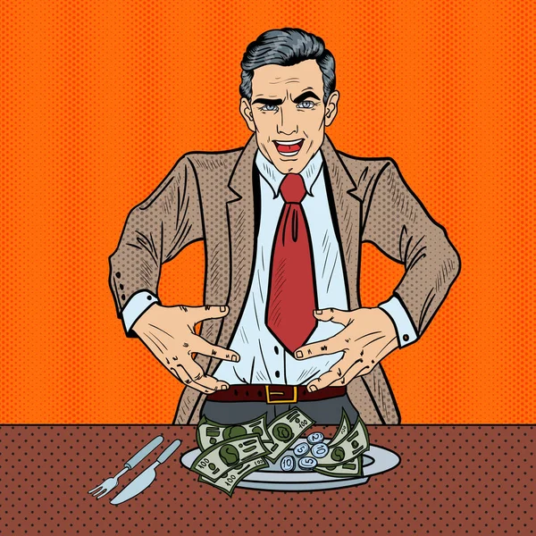 Поп-арт Богатый жадный бизнесмен, поедающий деньги на тарелке. Векторная иллюстрация — стоковый вектор