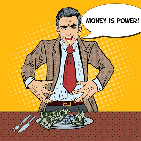 Pop Art Rich Greedy Businessman Comendo Dinheiro no Prato. Ilustração vetorial — Vetor de Stock