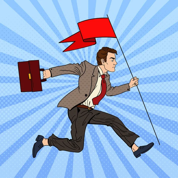 Бизнесмен поп-арта, бегущий с красным флагом к успеху. Векторная иллюстрация — стоковый вектор