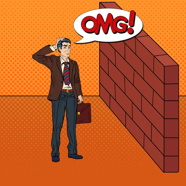 Pop Art Homme d'affaires douteux debout devant un mur de briques. Illustration vectorielle — Image vectorielle