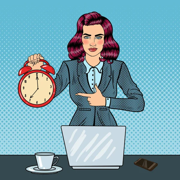Office iş dizüstü bilgisayar ile çalar saat tutan Pop sanat iş kadın. Vektör çizim