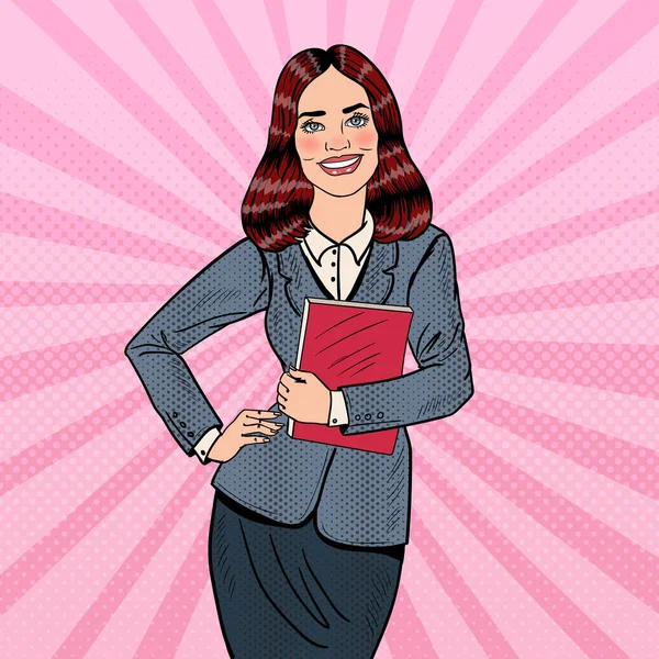 Pop Art Successful Smiling Business Woman Holding Folder. Vector illustration — Stock Vector