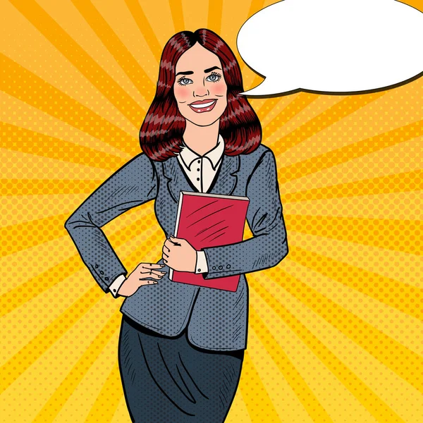 Pop Art Successful Smiling Business Woman Holding Folder. Vector illustration — Stock Vector