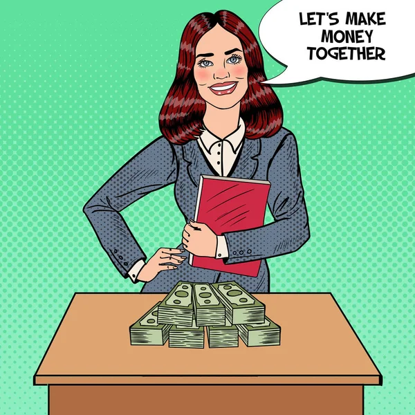 Pop Art Mulher de negócios sorridente em pé atrás da mesa com dinheiro. Ilustração vetorial —  Vetores de Stock