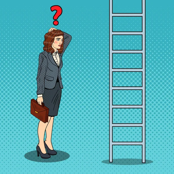 Pop sanat şüpheli iş kadını yukarı merdiven arıyorum. Vektör çizim