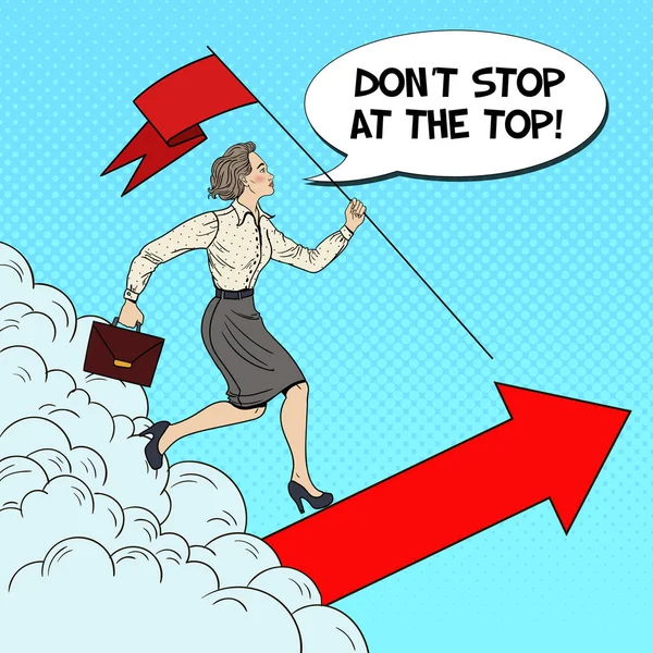 Pop Art επιτυχημένη γυναίκα των επιχειρήσεων με σημαία τρέχει στην κορυφή. Εικονογράφηση διάνυσμα — Διανυσματικό Αρχείο
