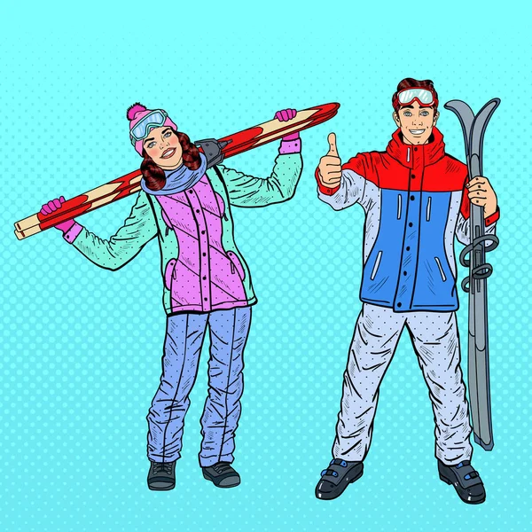 Pop Art Mujer feliz y hombre con esquí en vacaciones de invierno. Ilustración vectorial — Archivo Imágenes Vectoriales