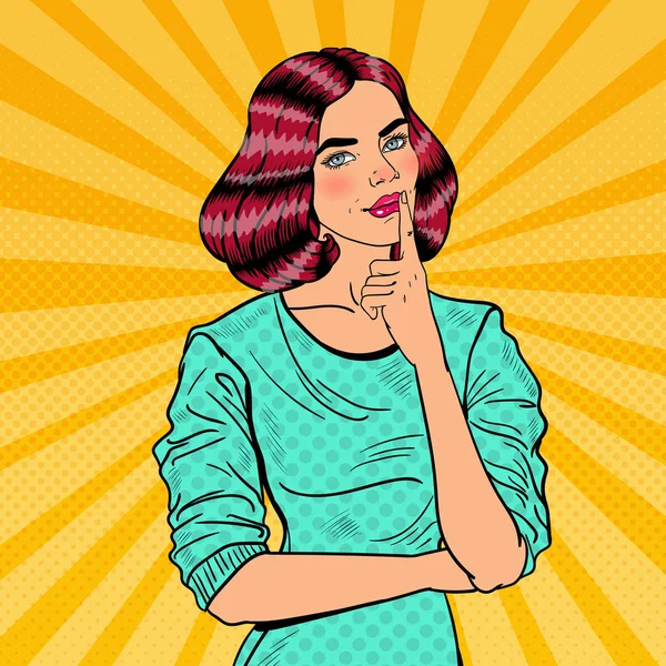 Pop Art Jovem Mulher Bonita Pensando. Ilustração vetorial — Vetor de Stock