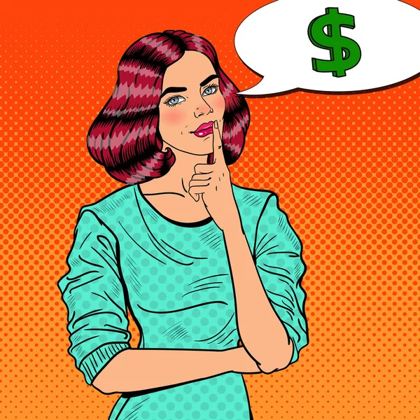 Pop Art Joven hermosa mujer pensando en el dinero. Ilustración vectorial — Archivo Imágenes Vectoriales