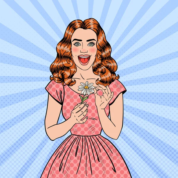 Pop Art papatya çiçek güzel bir kadınla heyecanlı. Vektör çizim