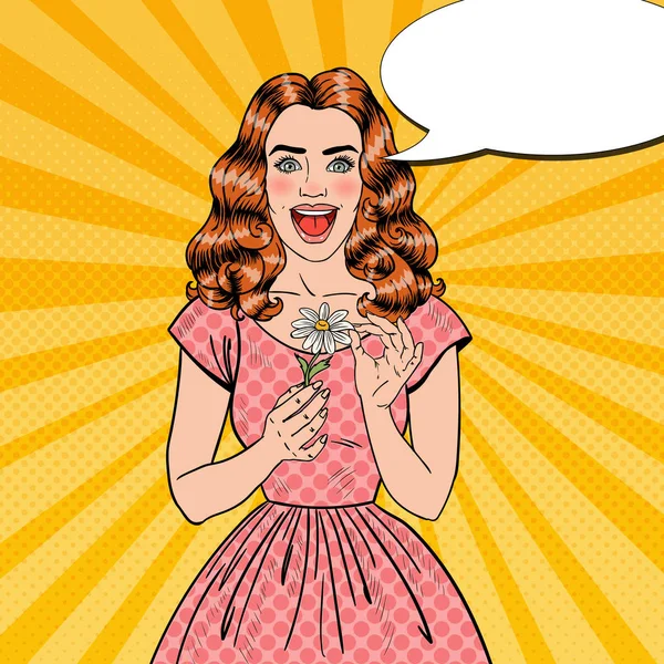 Pop Art papatya çiçek güzel bir kadınla heyecanlı. Vektör çizim