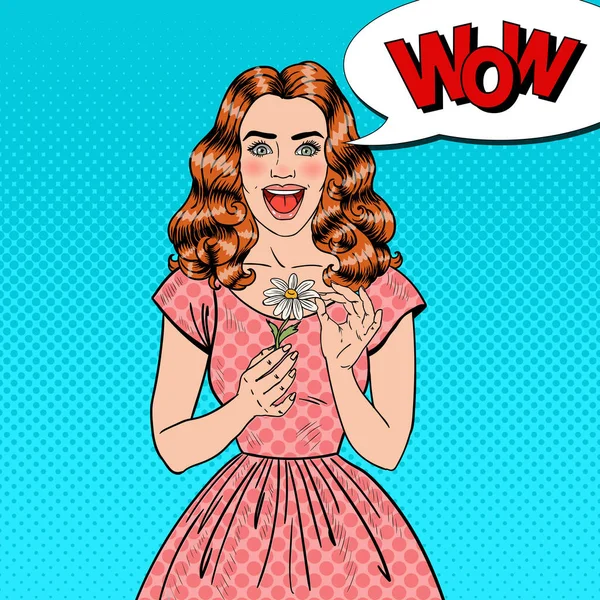 Pop Art Emocionado hermosa mujer con flor de margarita. Ilustración vectorial — Vector de stock