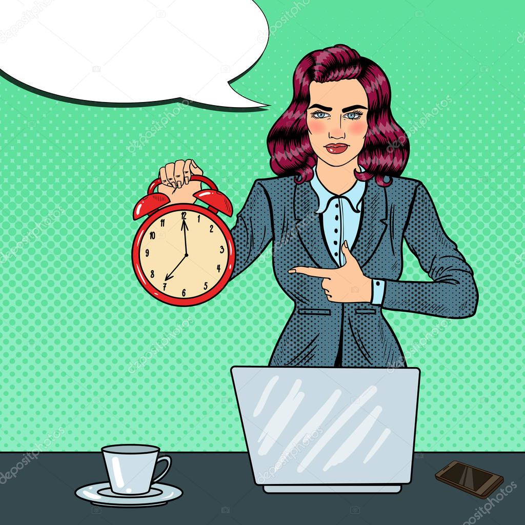 Pop Art Business Woman Holding Alarm Clock at Office Work with Laptop. Vector illustration