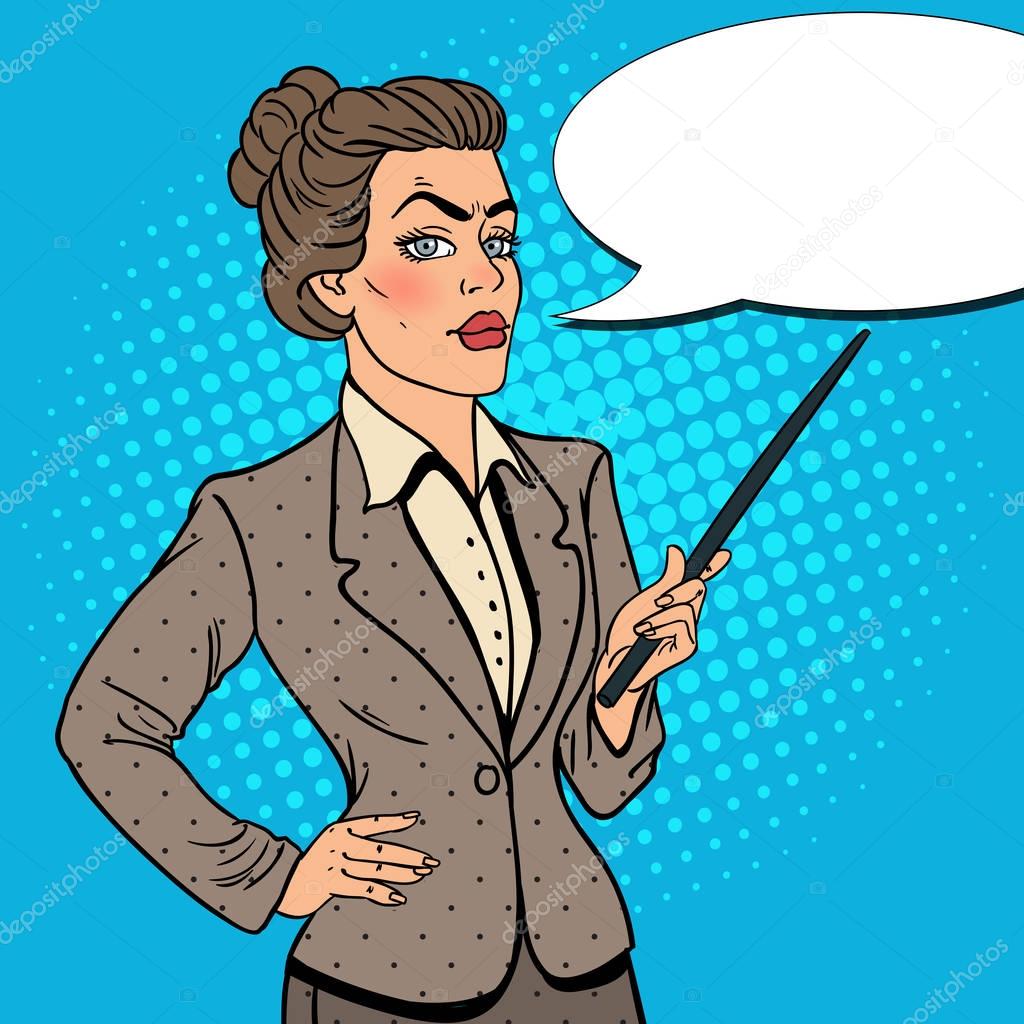 Pop Art Business Woman with Pointer Stick. Vector illustration