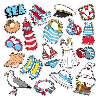 Deniz tatil kadın moda elemanları ve karalama defteri, çıkartmalar, yamalar, rozetleri için giyim. Vektör Doodle