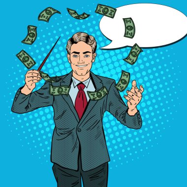 Pop Art işadamı para bir sopa ile yürütmektedir. Vektör çizim