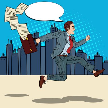 Sanat işadamı şehrin içinden iş için çalışan evrak çantası ile pop. Vektör çizim