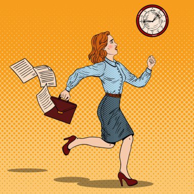 Pop sanat iş kadını iş için çalışan evrak çantası ile. Vektör çizim