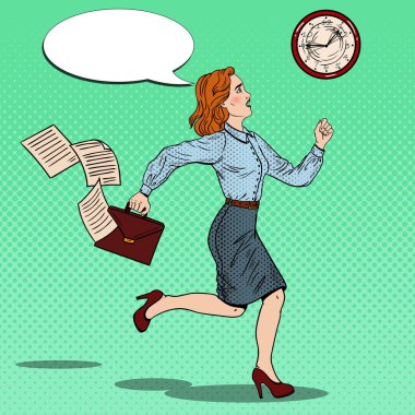 Pop sanat iş kadını iş için çalışan evrak çantası ile. Vektör çizim