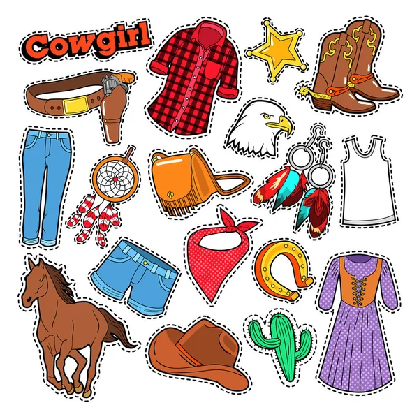 Cowgirl Doodle pro Scrapbook, samolepky, opravy, odznaky s koněm a ostruhy. Vektorové ilustrace — Stockový vektor