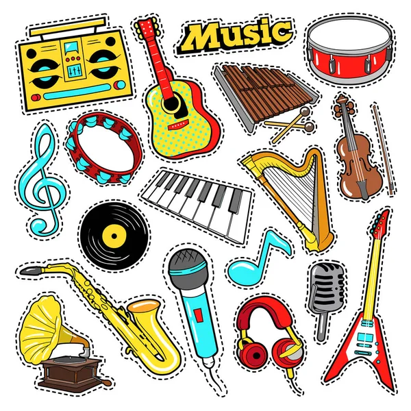 Muziekinstrumenten Doodle voor Scrapbook, Stickers, Patches, Badges met gitaar, Drum en Vinyl. Vectorillustratie — Stockvector