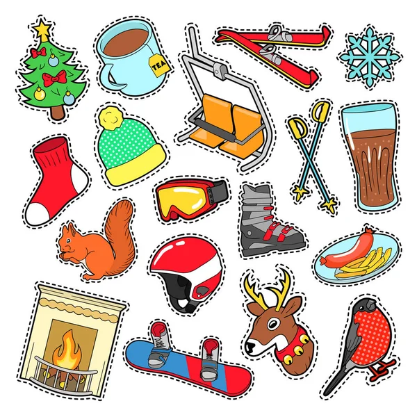 Pegatinas de invierno, insignias, parches Decoración Set con nieve, ropa abrigada y árbol de Navidad. Vector Doodle — Vector de stock