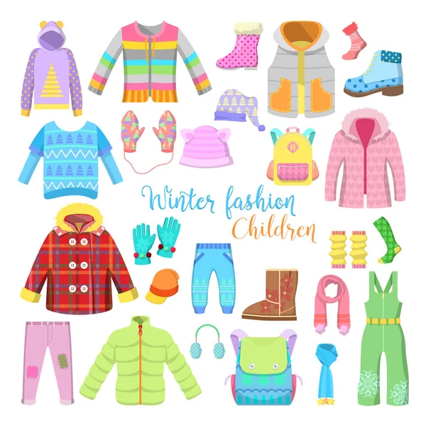 Bambini Collezione Abbigliamento e Accessori Invernali con Giacche, Cappelli e Maglioni. Illustrazione vettoriale — Vettoriale Stock