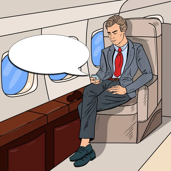 Pop Art Homme d'affaires Avion volant et SMS Message sur téléphone portable. Illustration vectorielle — Image vectorielle