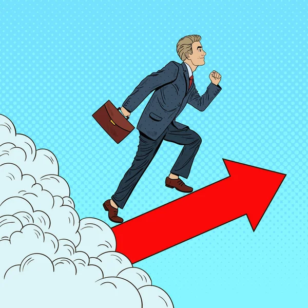 Popart succesvolle zakenman wandelen naar de Top door de wolken. Vectorillustratie — Stockvector