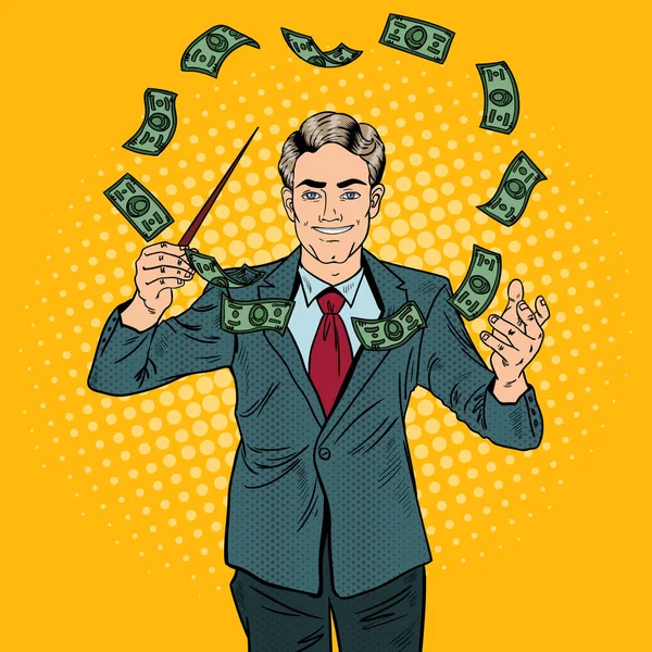 Pop Art Businessman Conducts Money with a Baton. Vector illustration — Stock Vector