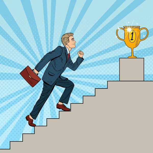 Pop Art Businessman Walking Up Stairs to Golden Cup. Vector illustration — Stock Vector