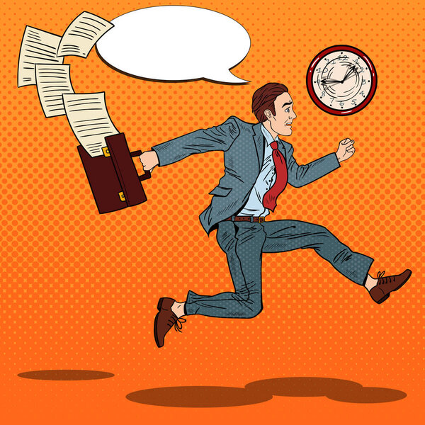 Бизнесмен поп-арта с портфелем, бегущим на работу. Векторная иллюстрация
