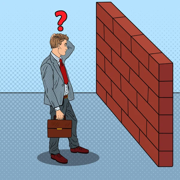 Pop Art Homme d'affaires douteux debout devant un mur de briques. Illustration vectorielle — Image vectorielle