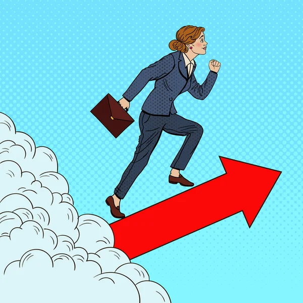 Pop Art Successful Business Woman Walking to the Top through the Clouds. Vector illustration — Stock Vector