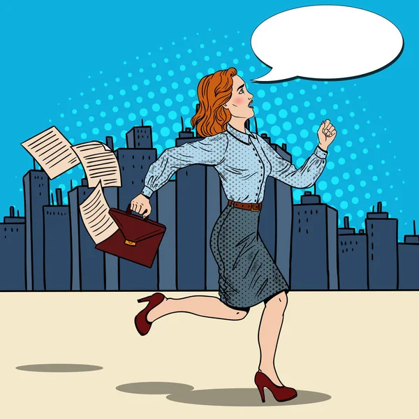 Pop Art Business Woman with Briefcase Running to Work. Vector illustration — Stock Vector