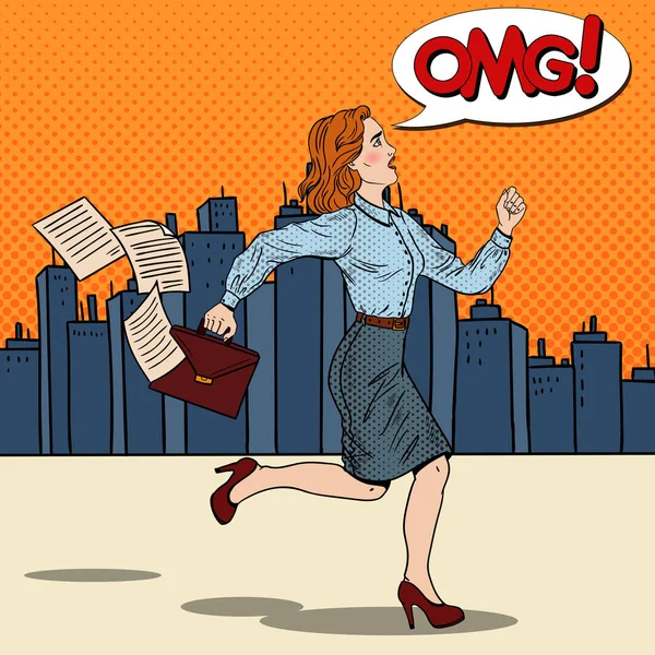 Pop Art Business Woman with Briefcase Running to Work. Vector illustration — Stock Vector