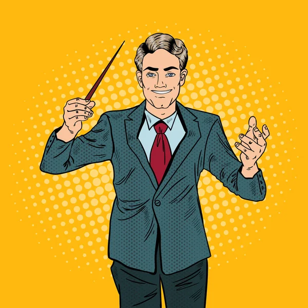 Pop Art Music Conductor Man with a Baton. Ilustración vectorial — Archivo Imágenes Vectoriales