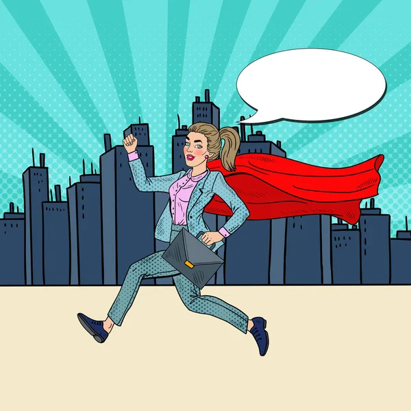 Pop Art Super Business Woman con Red Cape Running con maletín. Ilustración vectorial — Vector de stock