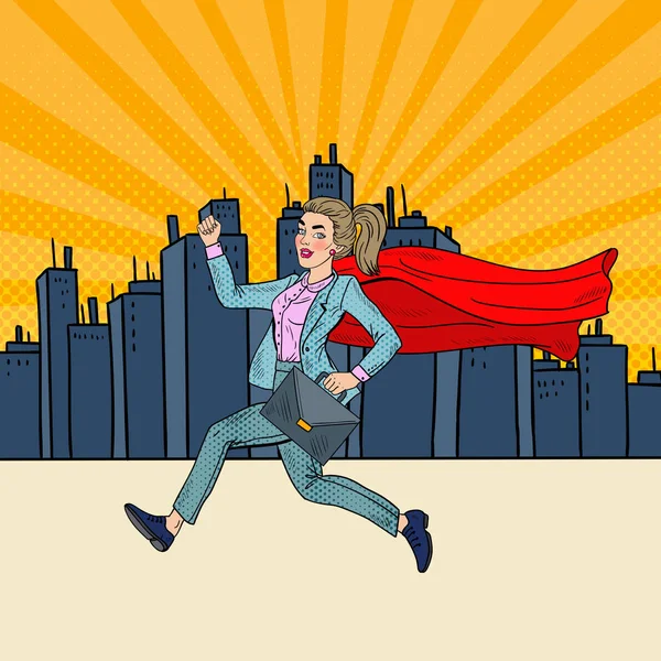 Pop Art Super Business Woman cu Red Cape Running cu servieta. Ilustrație vectorială — Vector de stoc